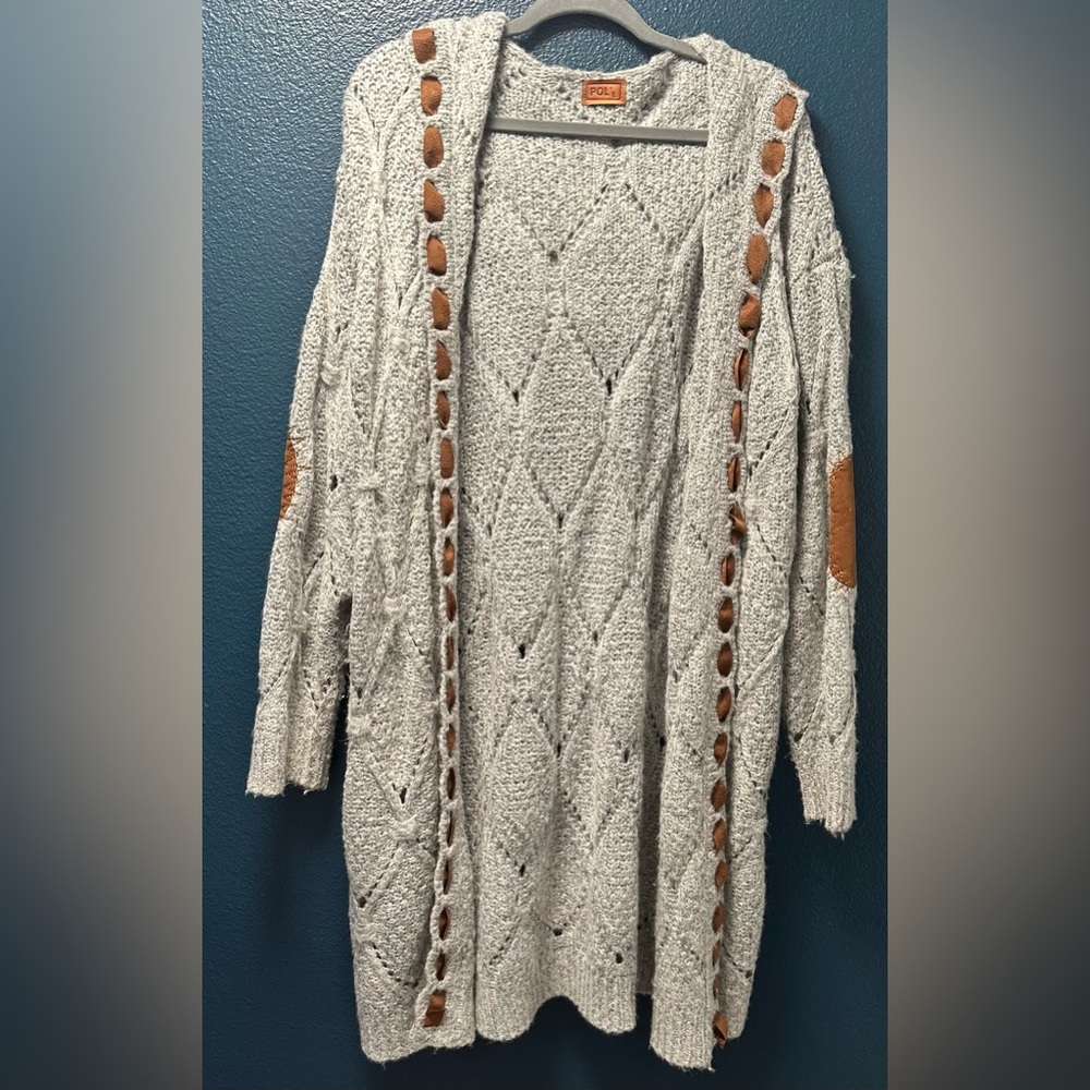 POL Brown Cable Knit Hooded Elbow Patch Sweater Cardigan Duster